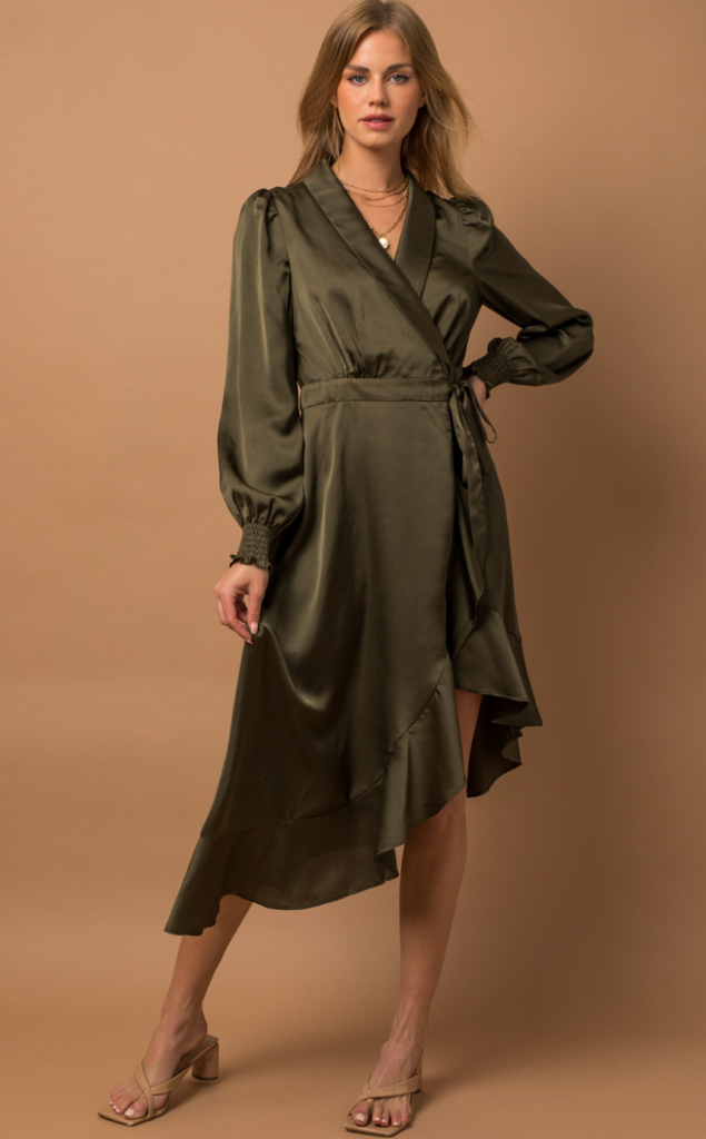 Olive Wrap Midi Satin Dress – Look A Likes
