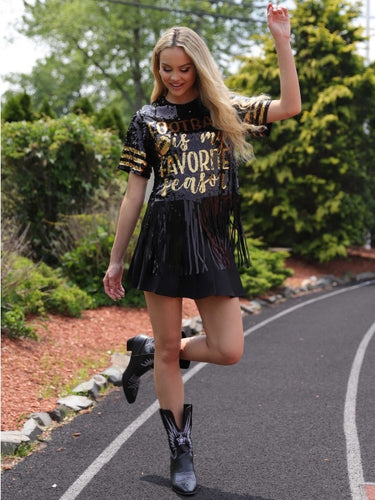 Football is My Favorite Season Sequin Fringe Top in Black and Gold