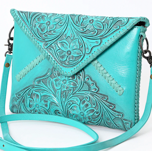 Turquoise Leather Hand Tooled Crossbody
