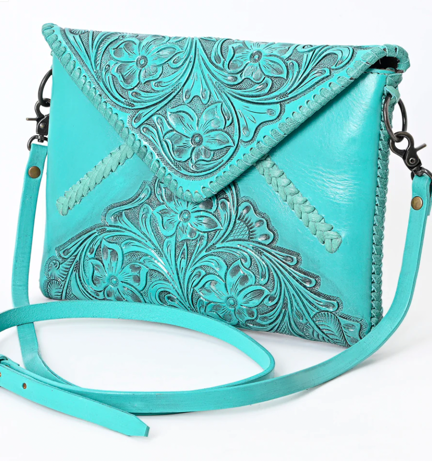 Turquoise Leather Hand Tooled Crossbody
