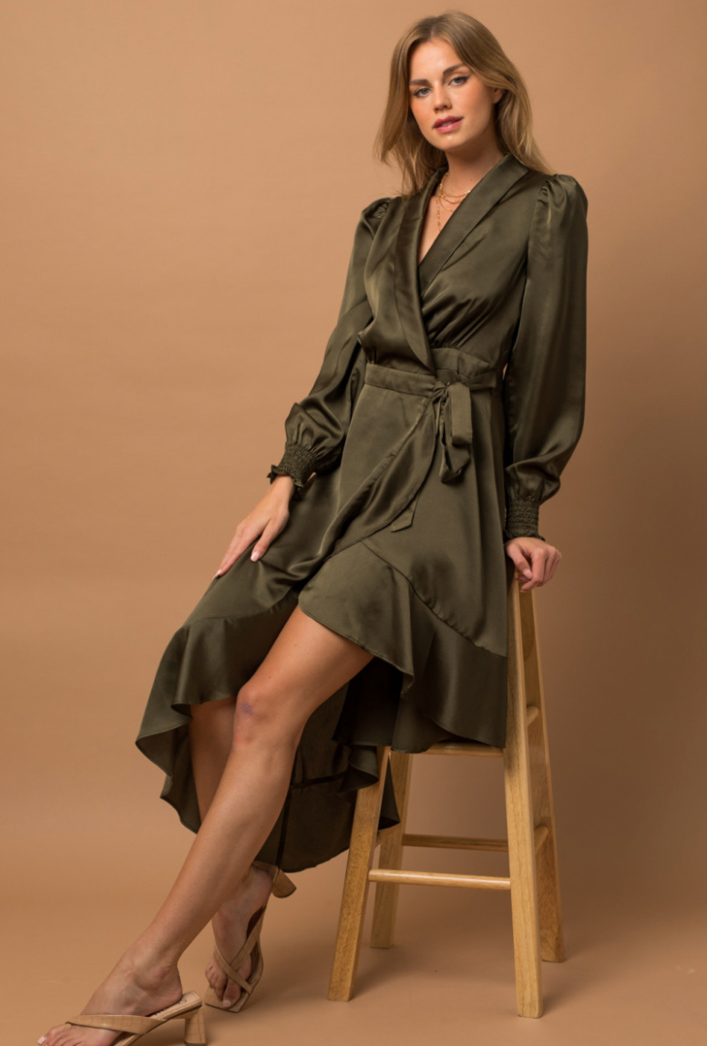 Olive Wrap Midi Satin Dress Look A Likes Olive Wrap Midi Satin Dress Look A Likes