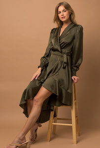 Olive Wrap Midi Satin Dress