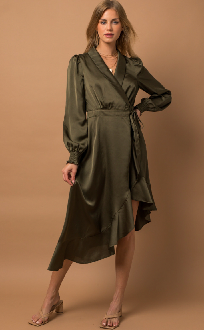 Olive Wrap Midi Satin Dress – Look A Likes