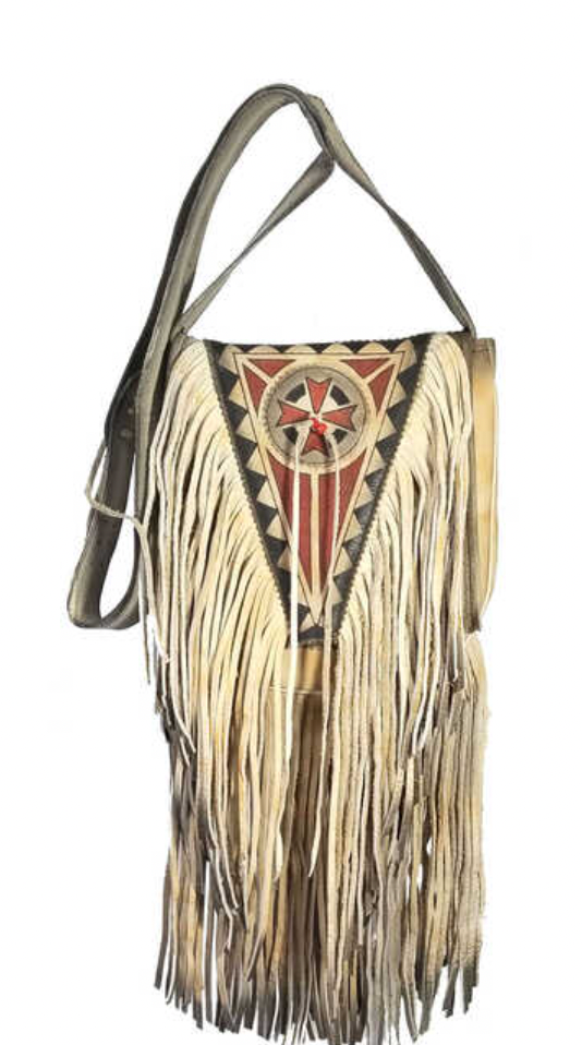 Painted Fringe Bag in Color Cream with Art Work