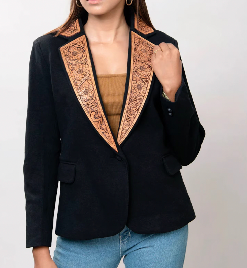Western Blazer with Tooled Lapel and Collar