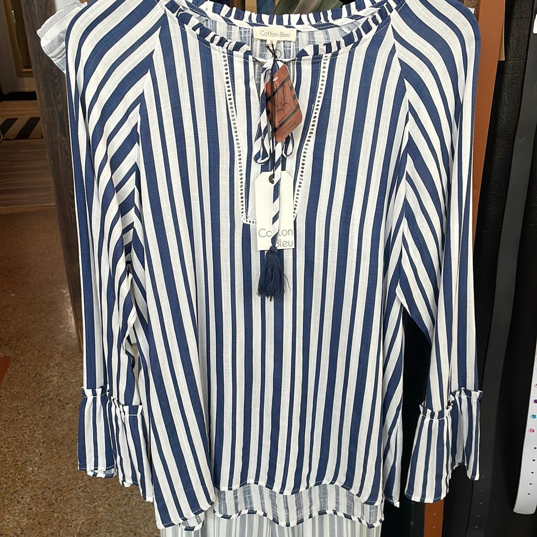 Susie's Blue Striped Ruffle Neck Top